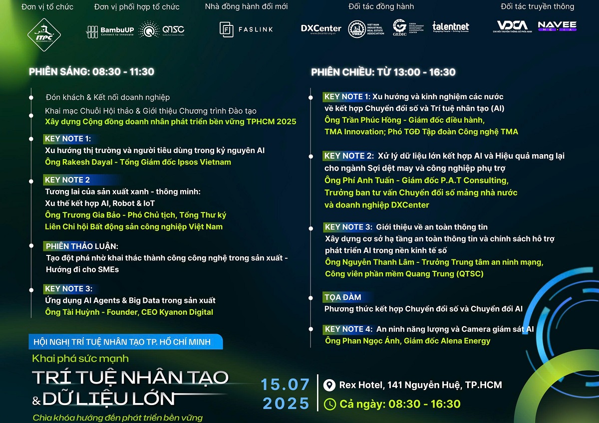 Hội nghị AI TP Hồ Chí Minh với chủ đề "Khai phá sức mạnh Trí tuệ nhân tạo và Dữ liệu lớn - Chìa khóa hướng đến phát triển bền vững” 1 agenda hội nghị AI TP HCM