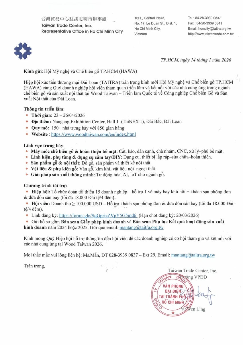 Thư mời tham quan triển lãm Wood Taiwan 2026_HAWA