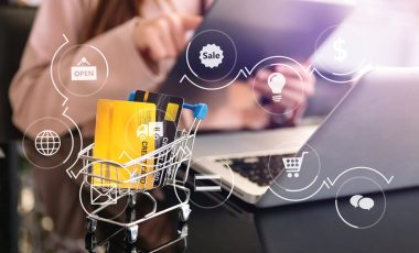 Cart Online Shopping concept. businesswoman hand using smart phone, tablet payments and holding credit card online shopping, omni channel, computer virtual icons