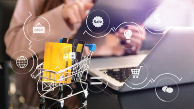 Cart Online Shopping concept. businesswoman hand using smart phone, tablet payments and holding credit card online shopping, omni channel, computer virtual icons