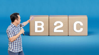 B2C - Acronym Business to Consumer in wooden.3D rendering on blue background.