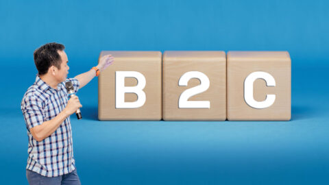 B2C - Acronym Business to Consumer in wooden.3D rendering on blue background.