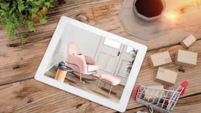 Paper boxes in shopping carts on desks and tablets, The concept of e-commerce, e-commerce or electronic commerce is a transaction of buying or selling products or services online via the internet.