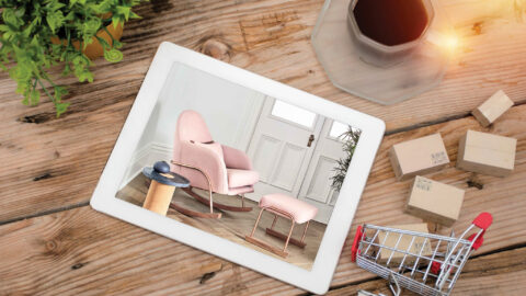 Paper boxes in shopping carts on desks and tablets, The concept of e-commerce, e-commerce or electronic commerce is a transaction of buying or selling products or services online via the internet.