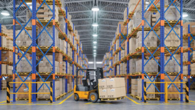 Forklift truck in warehouse or storage and shelves with cardboard boxes. 3d illustration