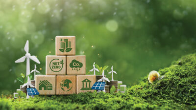 sustainable green building environmentally friendly buildings Future green business idea Environmental sustainability target. Green building icon on wooden blocks with 3D statue on green background.