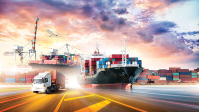 Logistics Transportation of Containers Cargo Freight Ship during loading at industrial port dock yard background, Truck Transport with red container on highway, cargo plane, handlers, Global Business