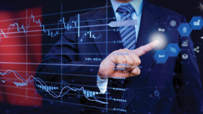 Businessman touching data analytics process system with KPI financial charts, dashboard of stock and marketing on virtual interface. With Vietnam flag in background.