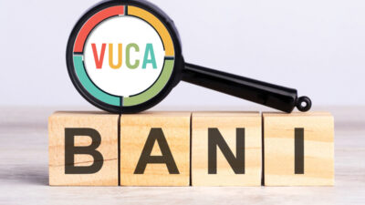 magnifying glass and wooden blocks with the text: BANI. can be used for business, marketing and education concept