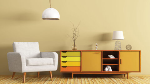 Modern interior of living room with wooden dresser and white armchair 3d rendering