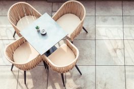 Empty chair and table directly above