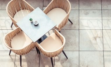 Empty chair and table directly above