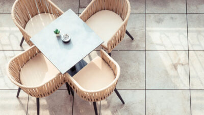 Empty chair and table directly above