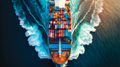 Aerial View Of Container Cargo Ship In Sea.