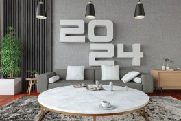 2024 Wall Decoration with Modern Living Room Interior. 2024 New Year Concept. 3D Render