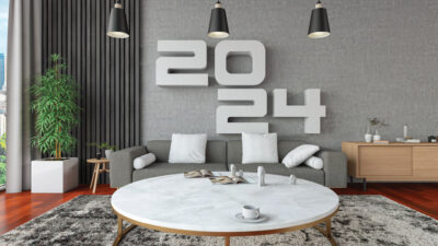 2024 Wall Decoration with Modern Living Room Interior. 2024 New Year Concept. 3D Render