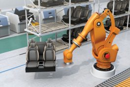 Heavyweight robotic arm carrying car seats in car assembly production line. 3D rendering image.