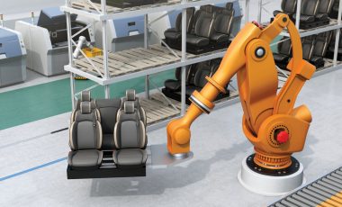 Heavyweight robotic arm carrying car seats in car assembly production line. 3D rendering image.