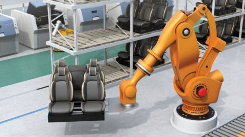 Heavyweight robotic arm carrying car seats in car assembly production line. 3D rendering image.