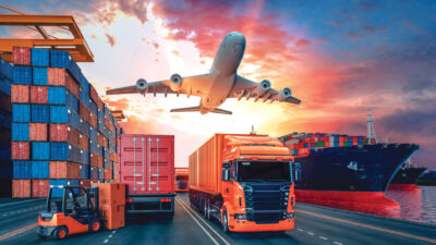 Transportation and logistics of Container Cargo ship and Cargo plane. 3d rendering and illustration.