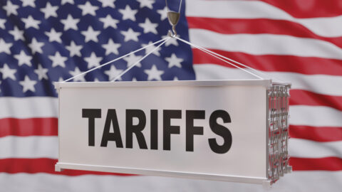 US Tariff increase, Tariffs text on a cargo conatiner, USA flag background, Trade war concept. 3d render