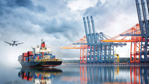 Container Cargo ship and Cargo plane with working crane bridge in seaport , logistic import export background and transport industry.
