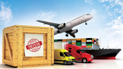 3d render of different modes of transport go out of a wooden box with a blank sheet on it isolated on white