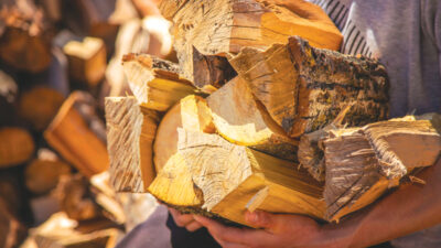 A pile of stacked firewood, prepared for heating the house. Gathering fire wood for winter or bonfire. Man holds fire wood in hand