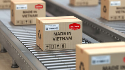 Made in Vietnam. Cardboard boxes with text made in Vietnam and  vietnamian flag on the roller conveyor. 3d illustration