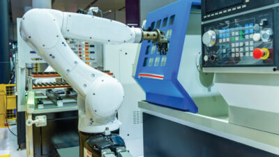 Automatic industrial robotic robot working, industry 4.0 and technology concept