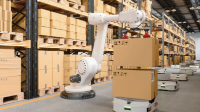 Smart Warehouse With Robot Arm Putting Cardboard Boxes On AGV