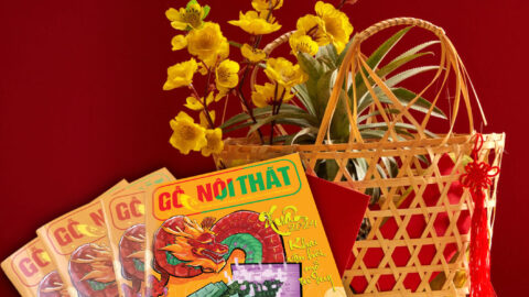 Some mangoes and passion fruits placed on table. A basket with apricot blossoms for Chinese new year holiday concept. Front view