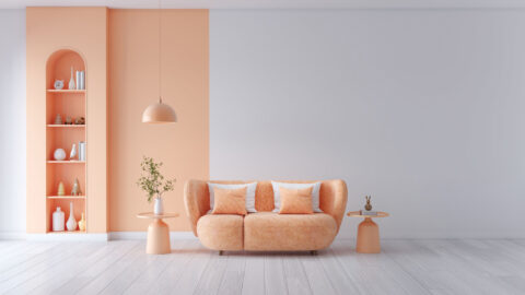 Peach fuzz room ,minimal interior  livingroom. peach sofa with peach color paint wall. color of the year 2024  . Mockup background. 3d render