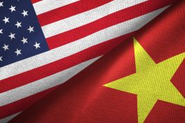 Vietnam and United States flags together textile cloth, fabric texture